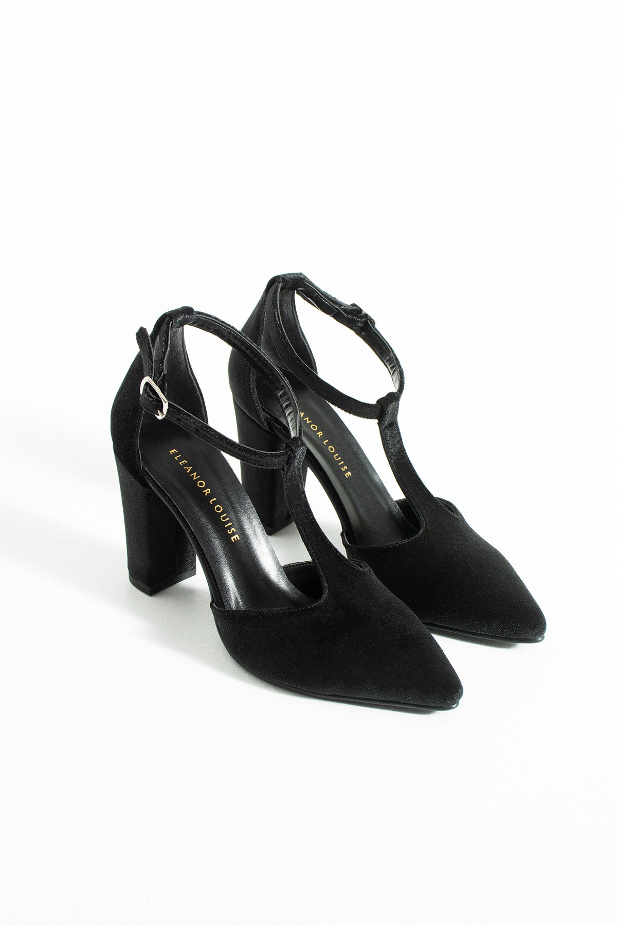 Aveline | Black Velvet T-Strap High Heels