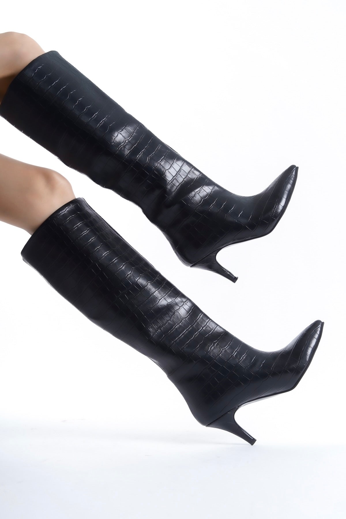 Black Crocodile Effect Knee Stiletto Heel High Boots