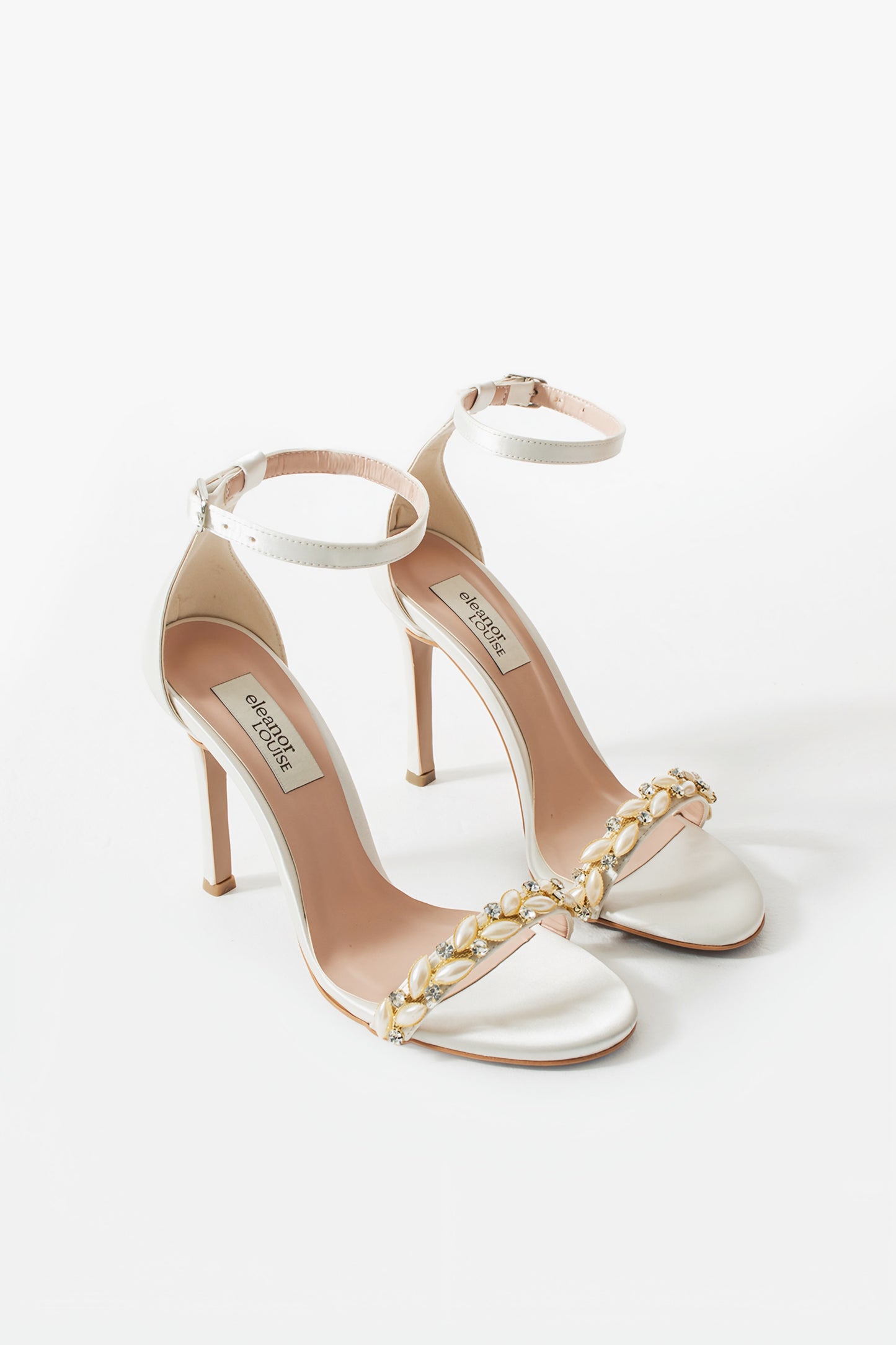 Jade | Ivory Satin High Heel Sandals with Pearl & Rhinestone