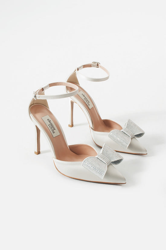 Jill | Ivory Satin High Heels with Rhinestone Bow