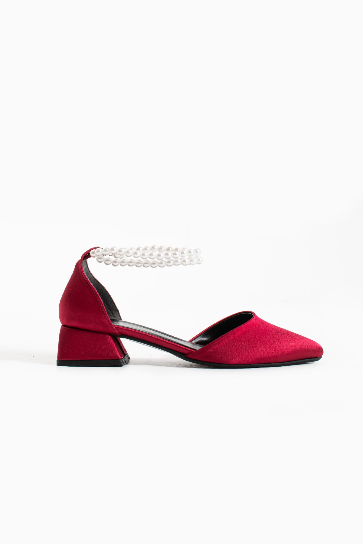 Meira | Burgundy Satin Low Heels with Pearls