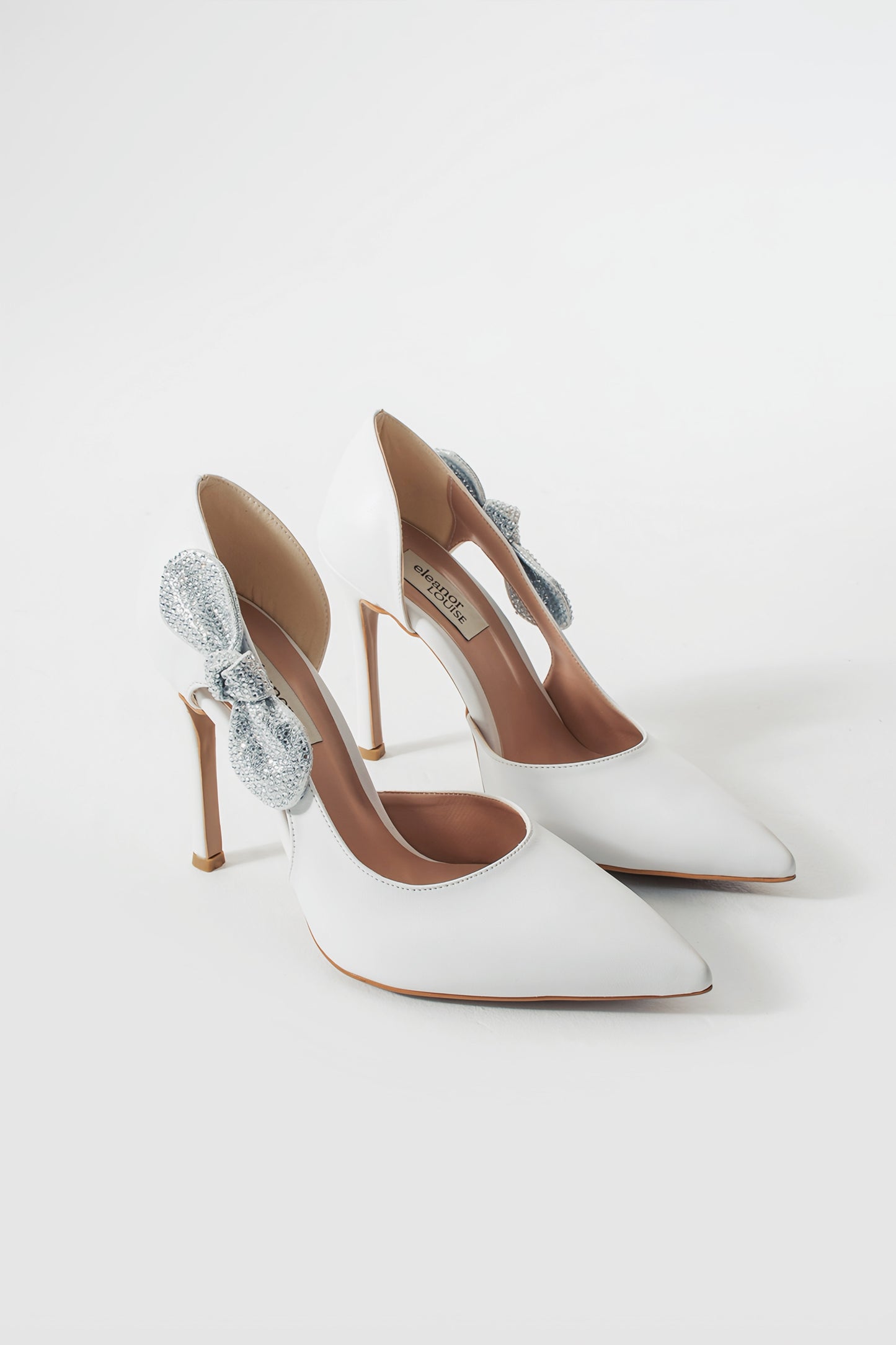 Pauline | White High Heels with Rhinestone Bow