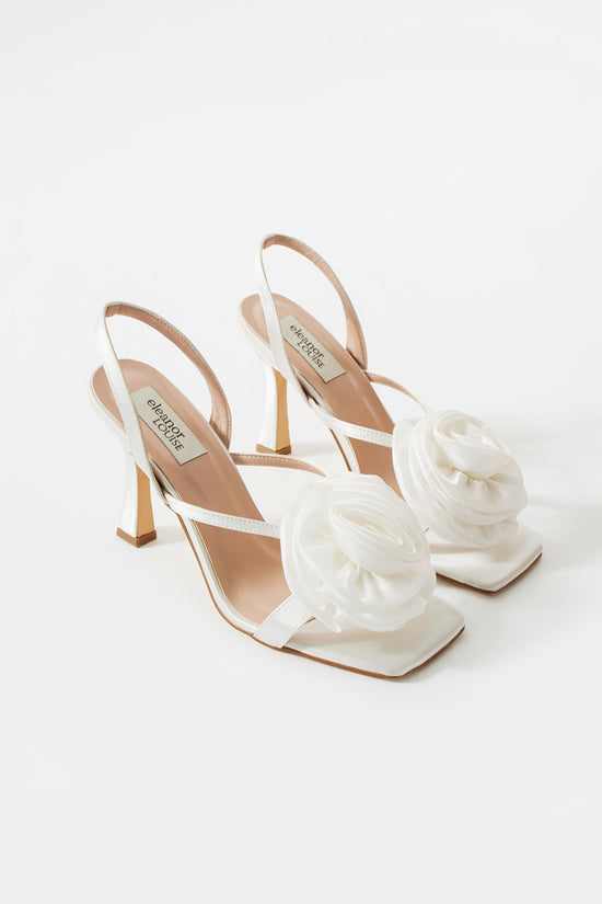 Reese | Light Ivory Satin High Heel Sandals with Rose