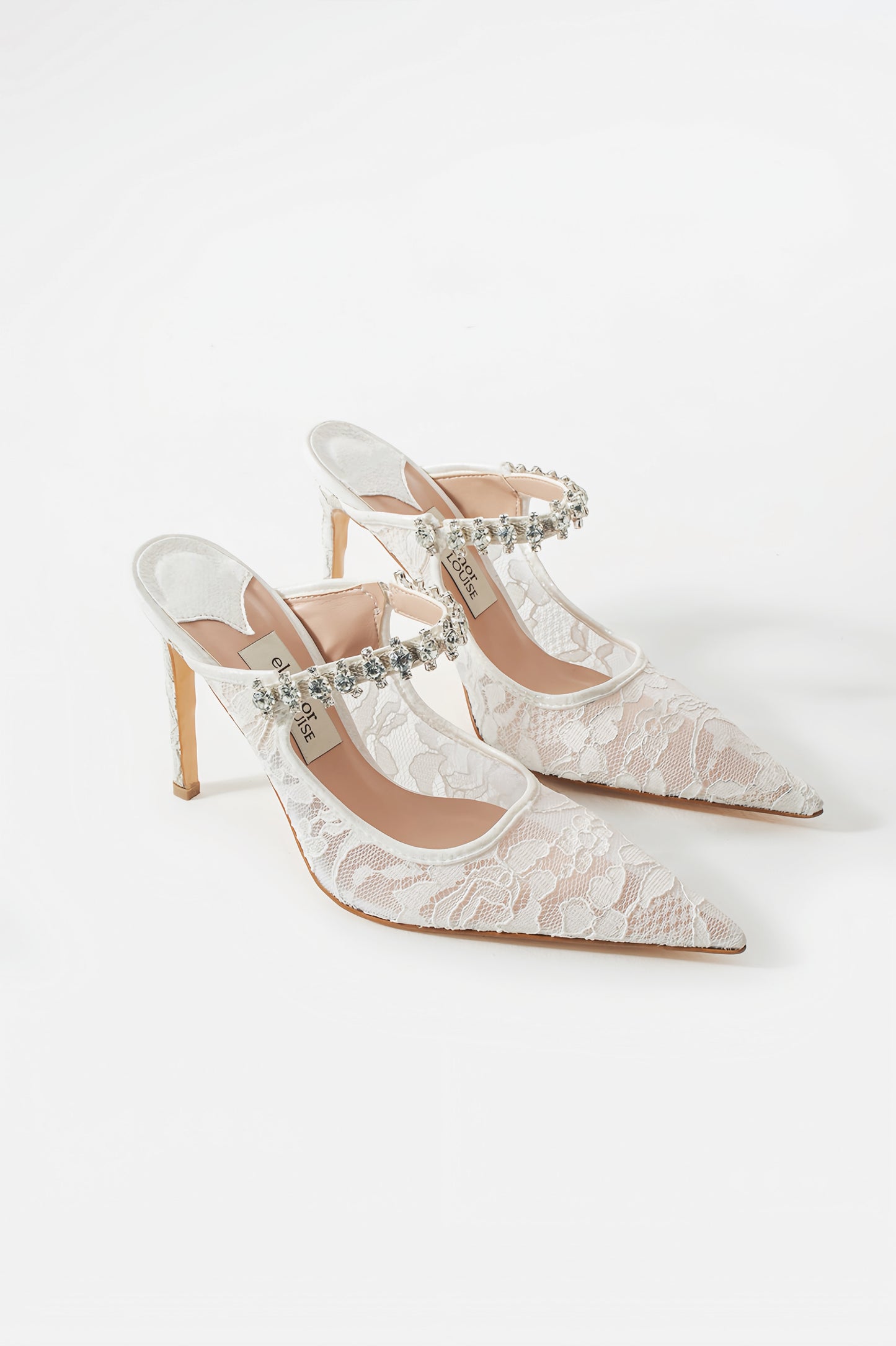 Serena | Ivory Lace High Heels with Rhinestone Strap