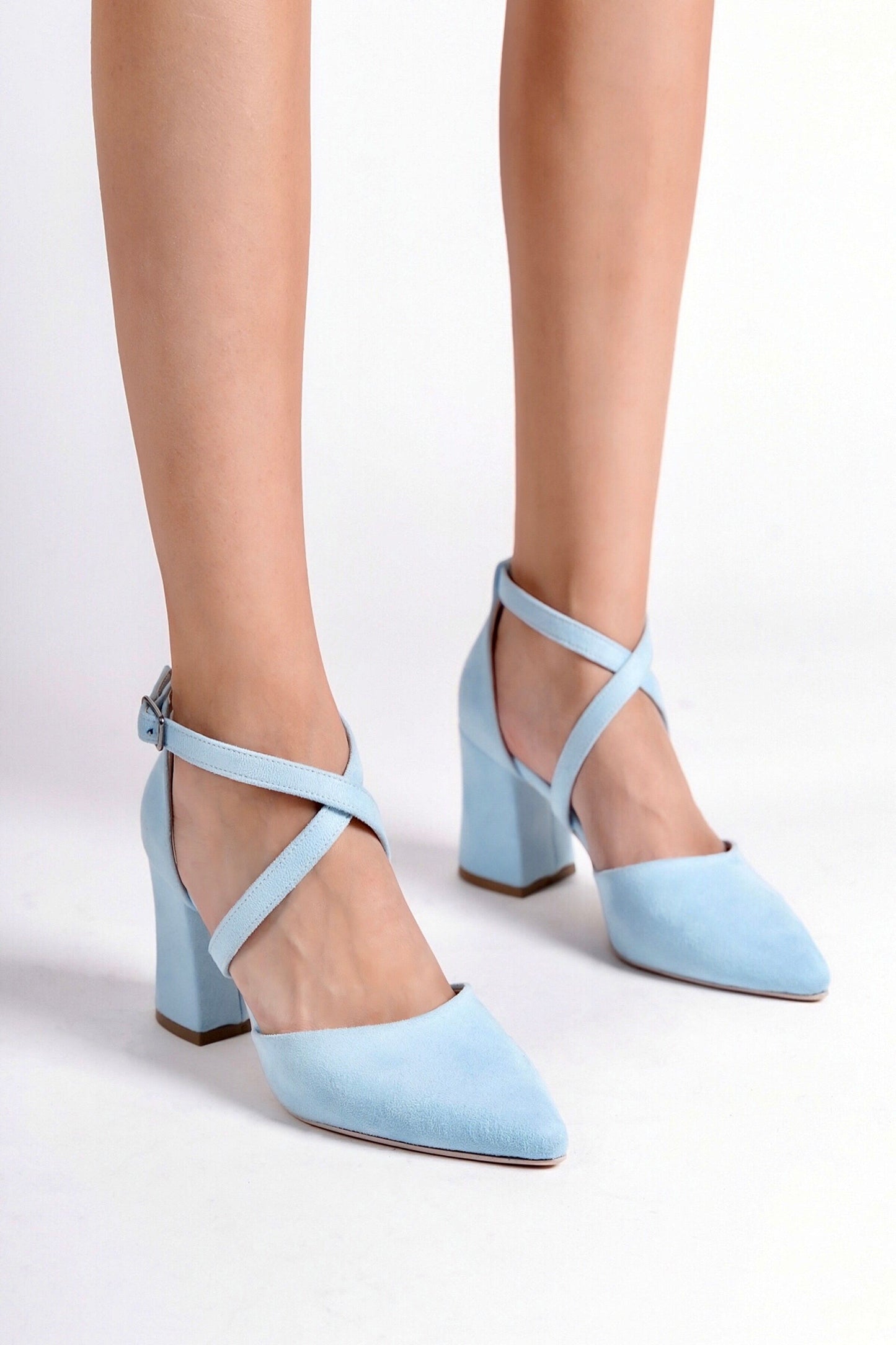 Vespera | Baby Blue Suede Criss Cross High Heels