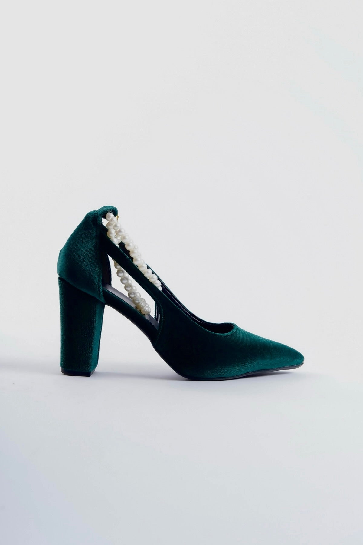 Andrea | Emerald Green Velvet High Heels with Pearls