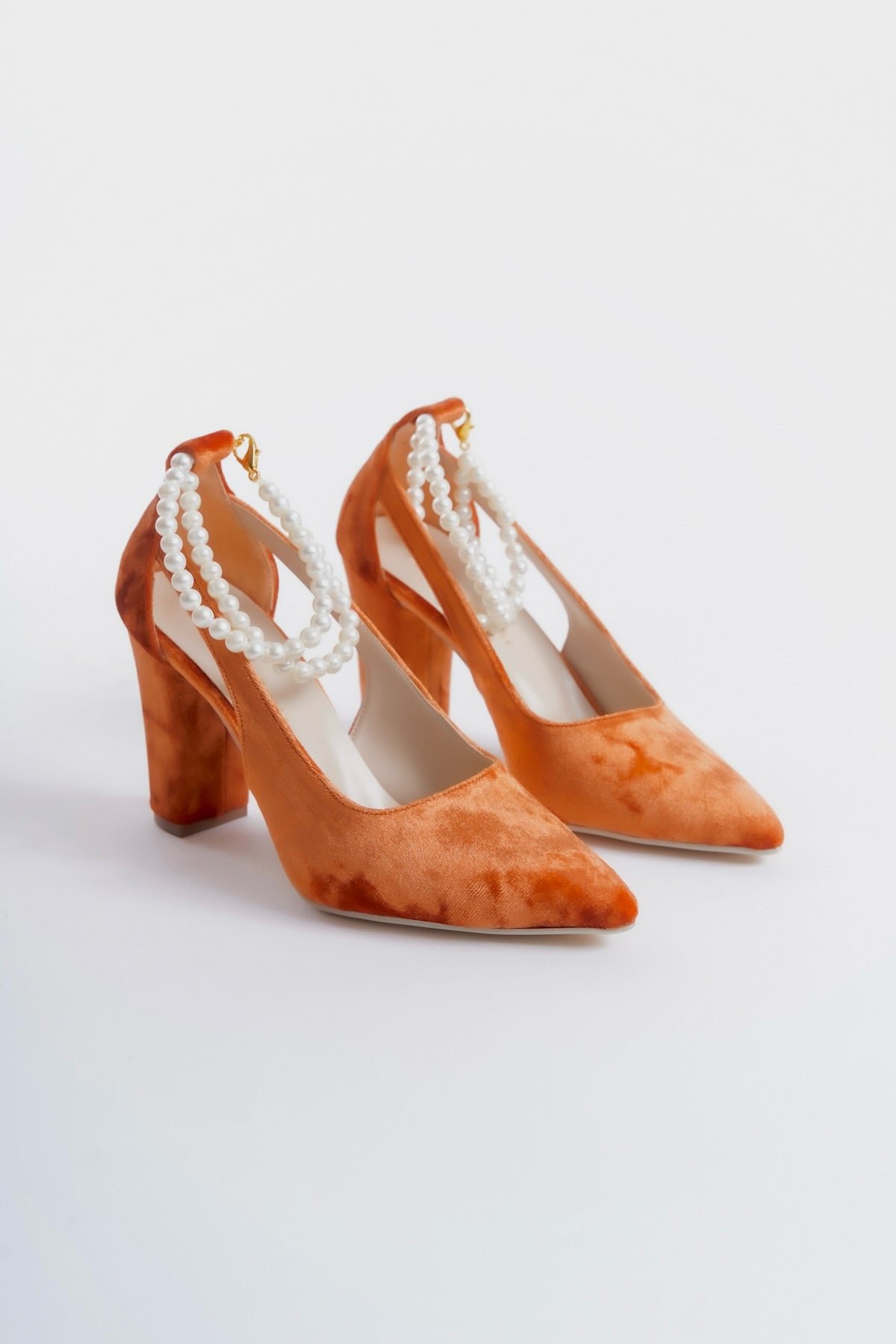 Audrey | Orange Velvet High Heels with Pearls