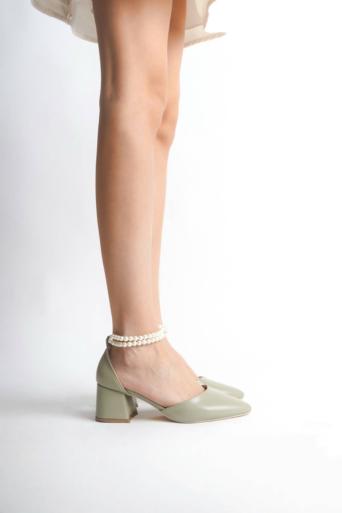Yvette | Sage Green Mid Heels with Pearls