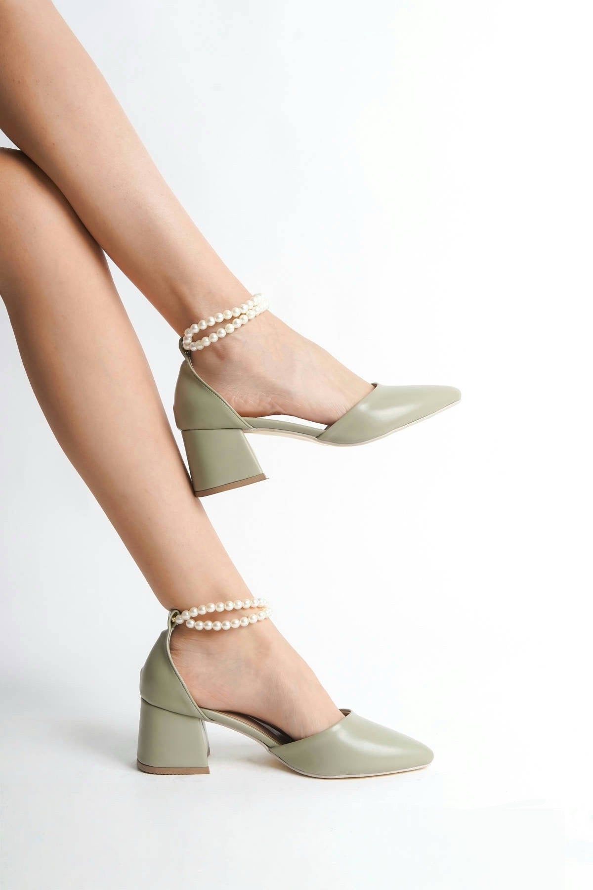 Yvette | Sage Green Mid Heels with Pearls