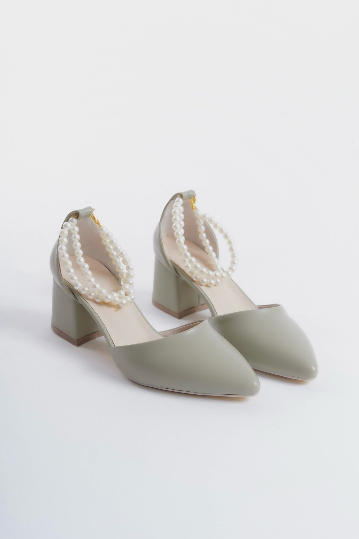 Yvette | Sage Green Mid Heels with Pearls