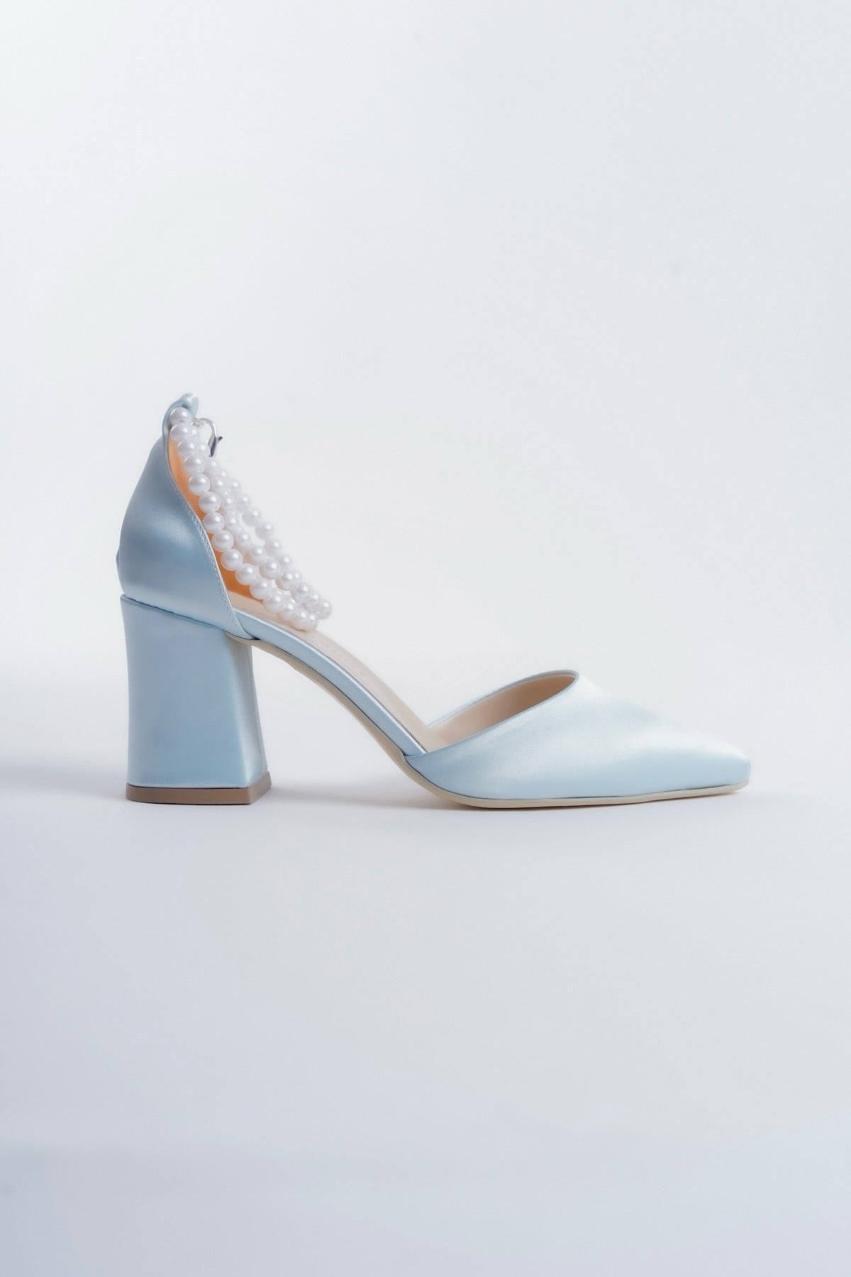 Phaedra | Baby Blue Satin High Heels with Pearls