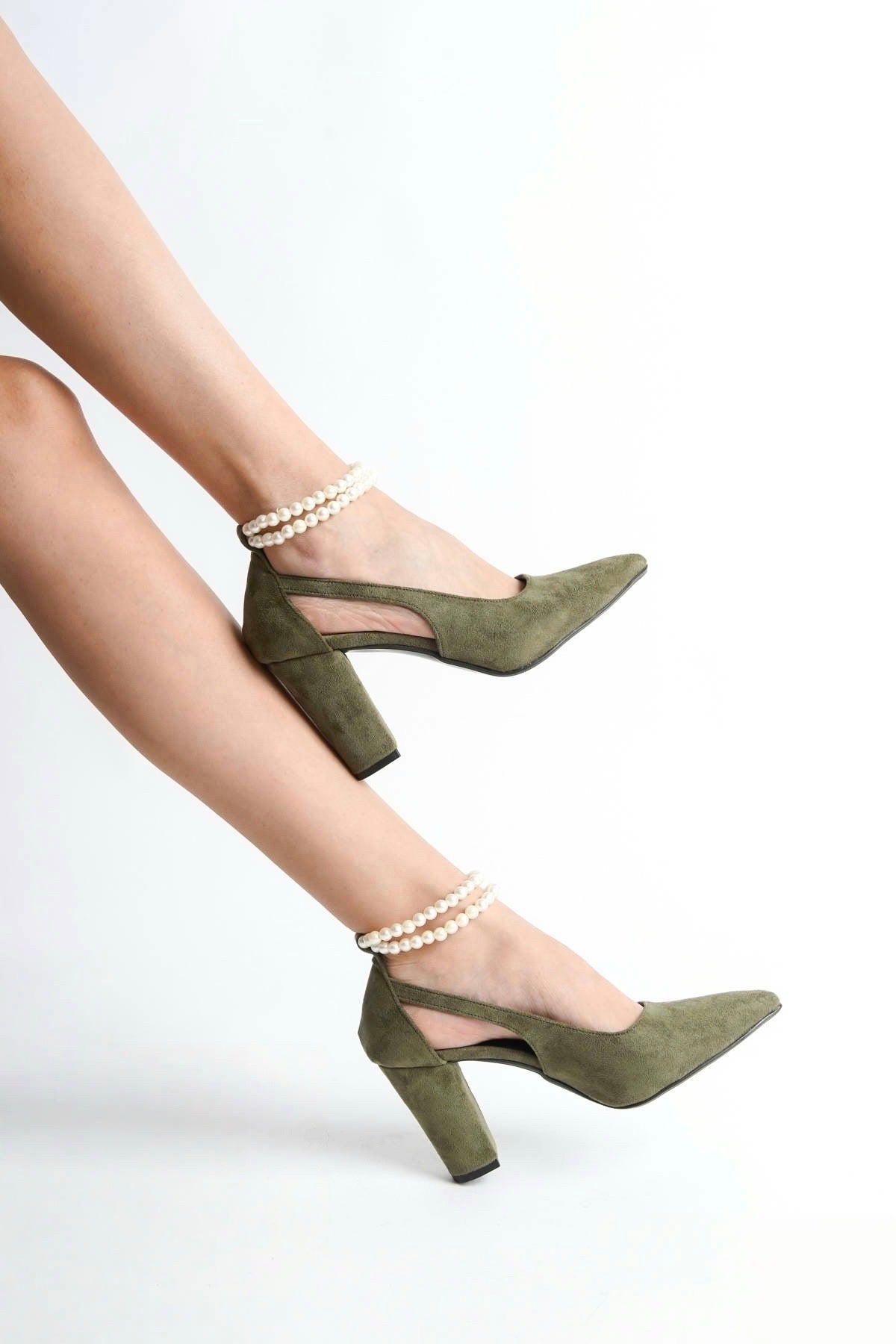 Blanche | Sage Green Suede High Heels with Pearls