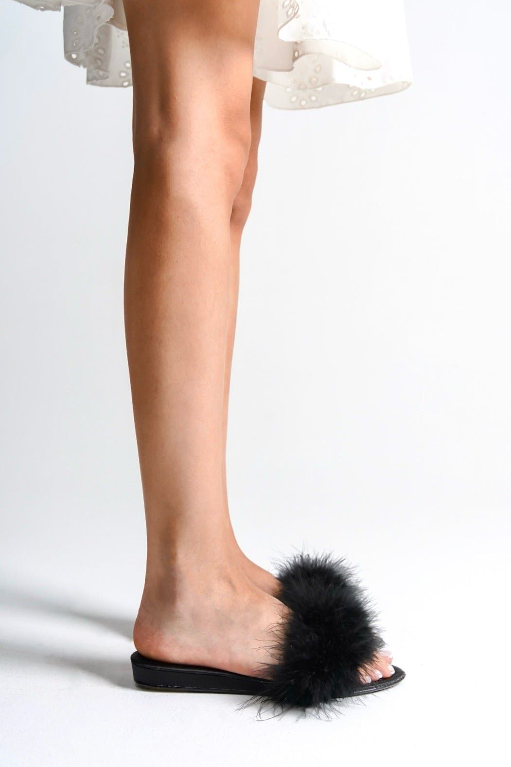 Tabitha | Black Satin Feather Mule