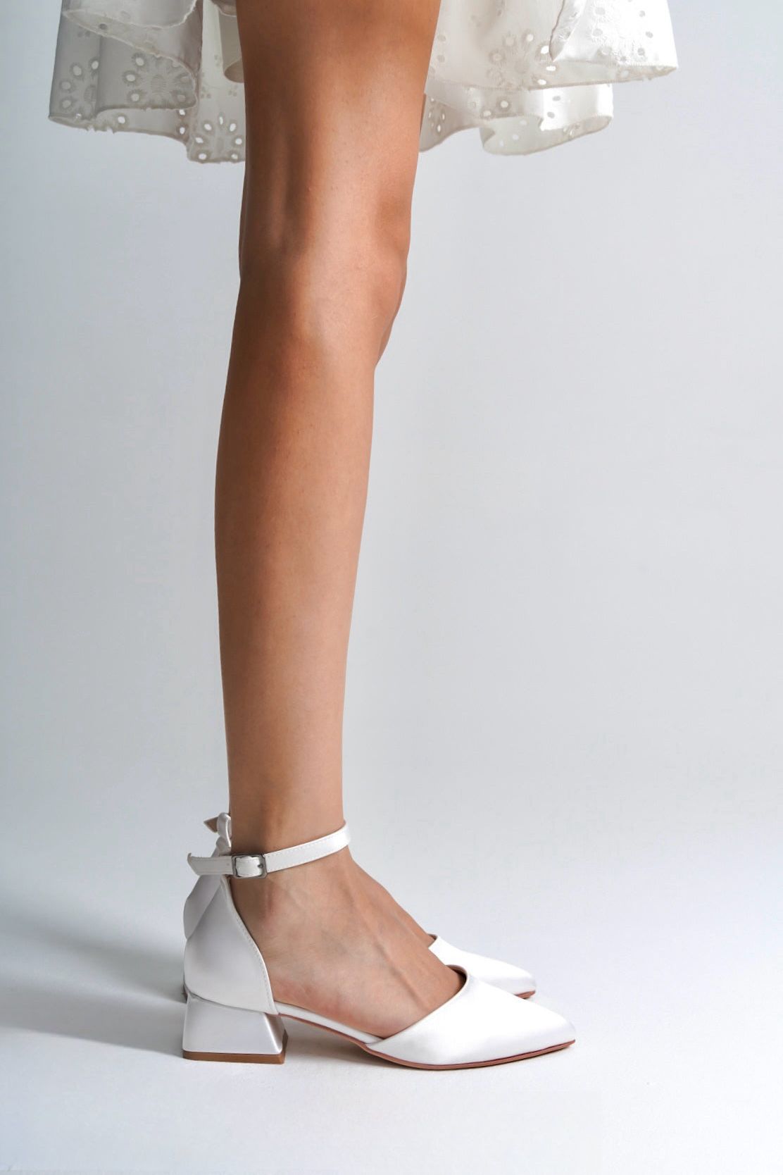 Aida | White Satin Low Heels
