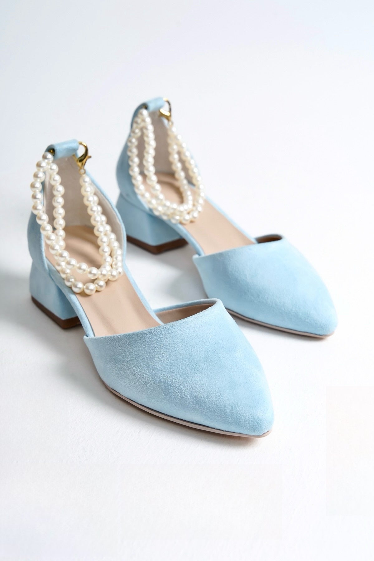 Aurora | Baby Blue Suede Low Heels with Pearls