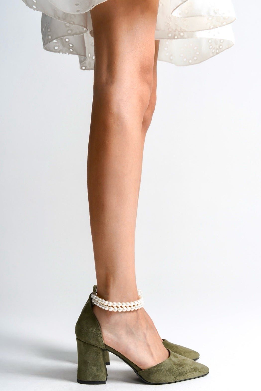 Sage | Sage Green Suede High Heels with Pearls