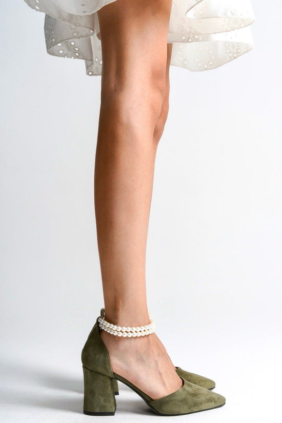Sage | Sage Green Suede High Heels with Pearls