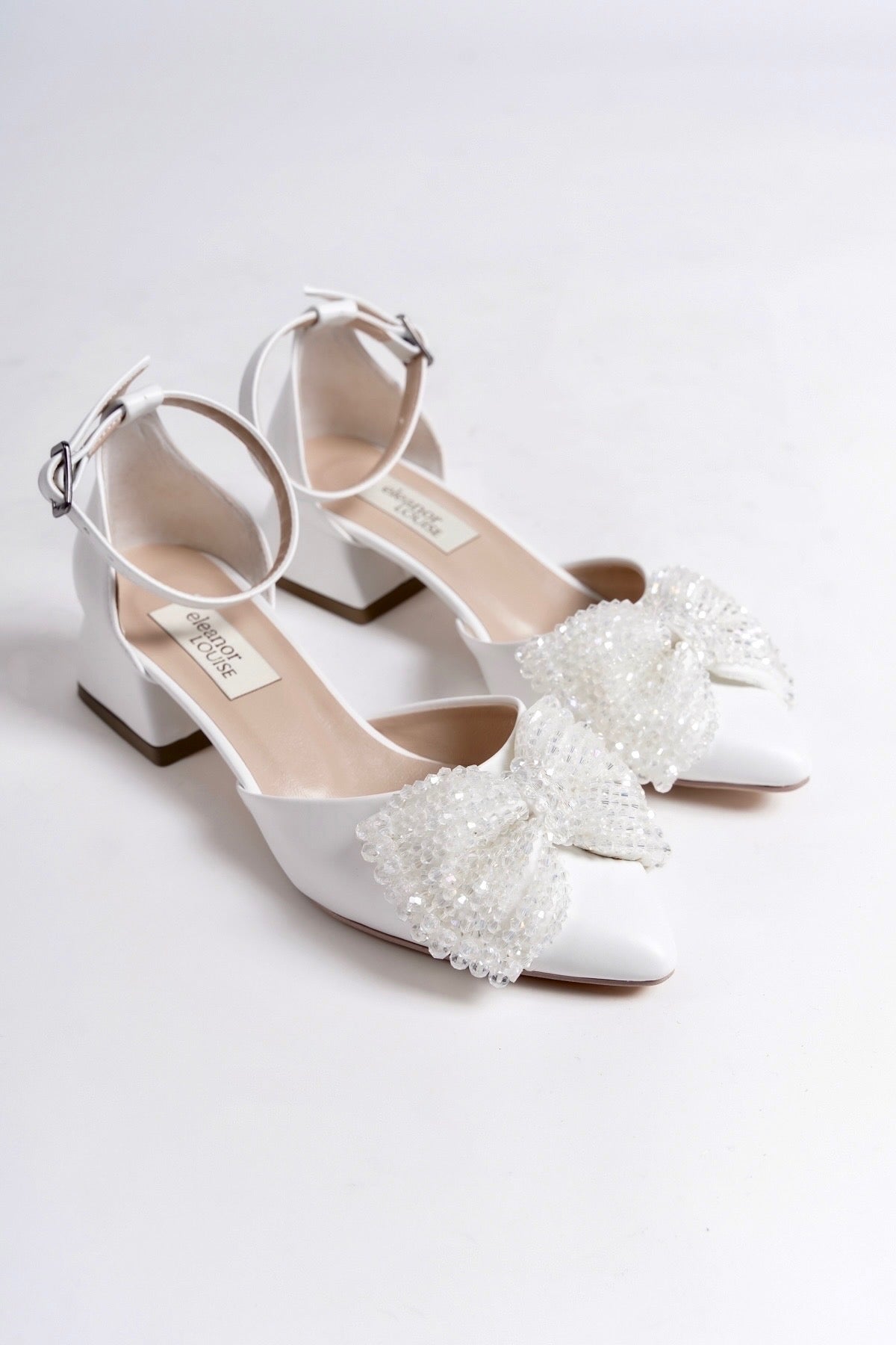 Arabelle | White Crystal Bow Tie Low Heels