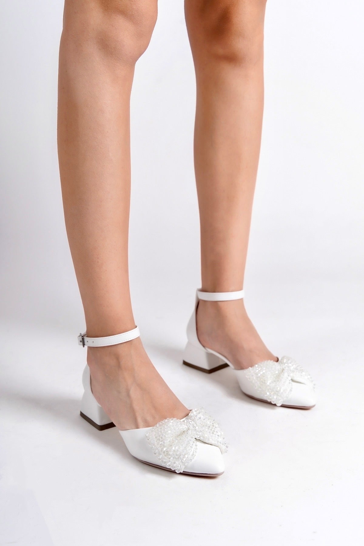 Arabelle | White Crystal Bow Tie Low Heels