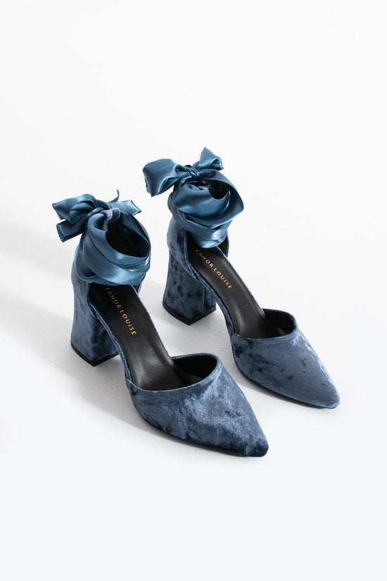 Ayesha | Indigo Blue Velvet High Heels with Ribbon