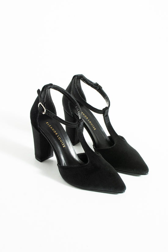 Aveline | Black Velvet T-Strap High Heels