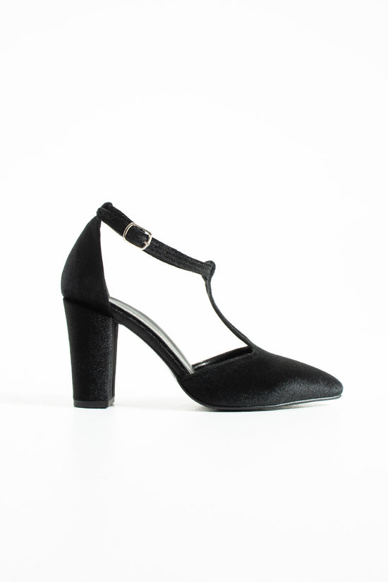 Aveline | Black Velvet T-Strap High Heels