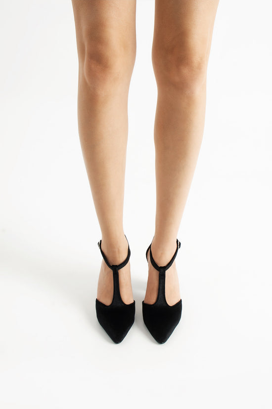 Aveline | Black Velvet T-Strap High Heels