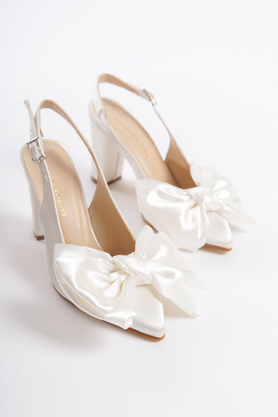 Clarissa | Ivory Satin Bow Tie Slingback Heels