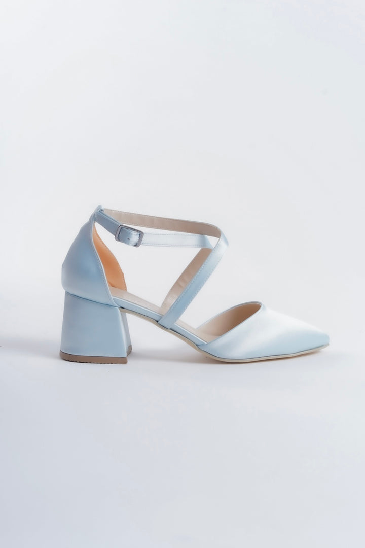 Pilar | Baby Blue Satin Criss Cross Mid Heels