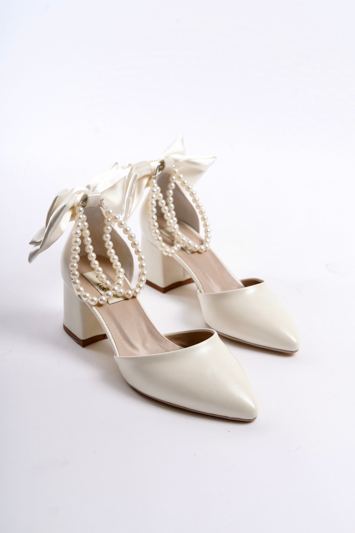 Ilana | Ivory Bow Tie Mid Heels with Pearls