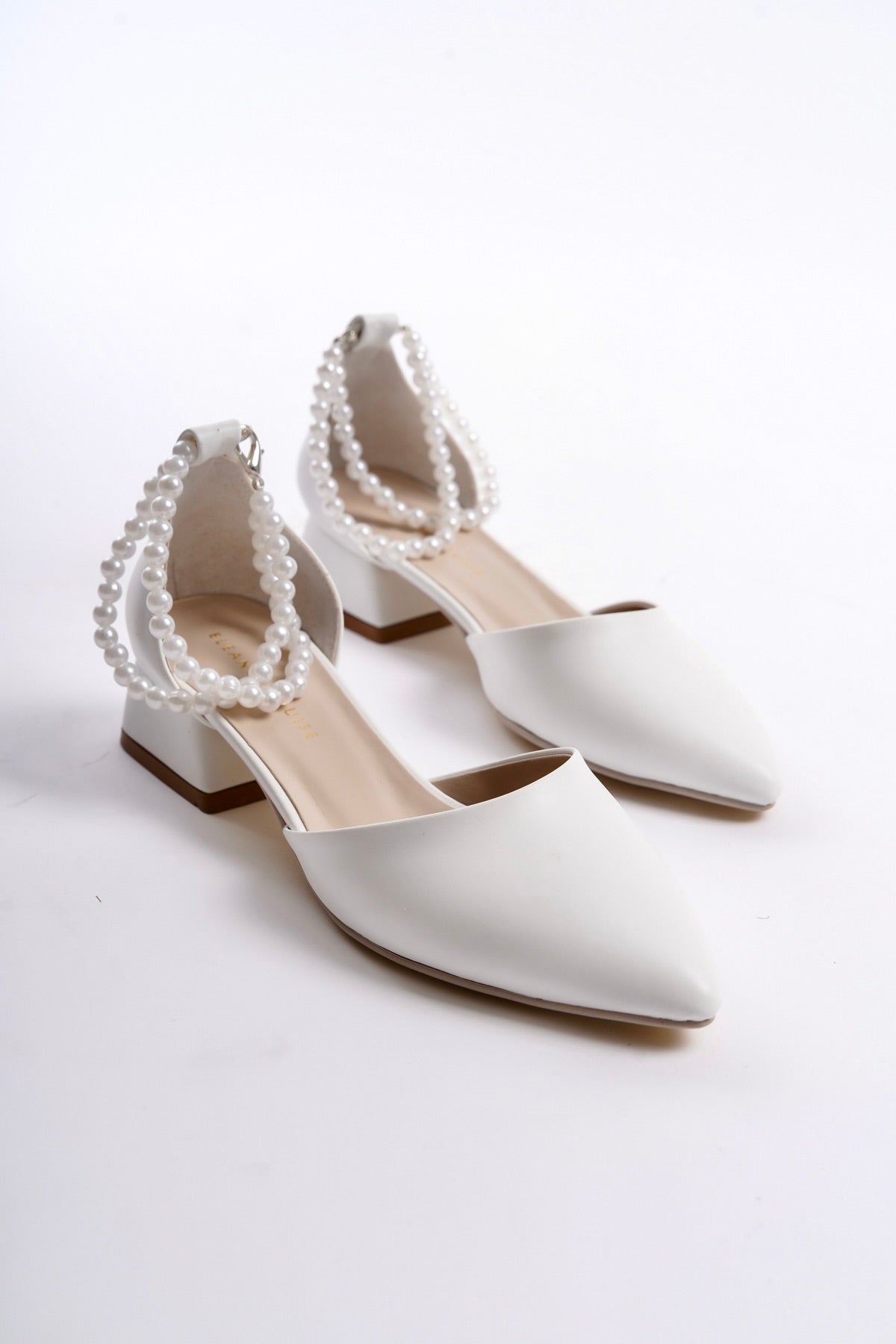 Agnetha | White Low Heels with Pearls