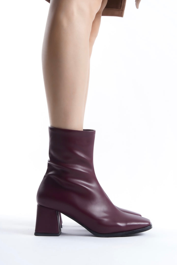 Burgundy Leather Square Toe Heeled Ankle Boots