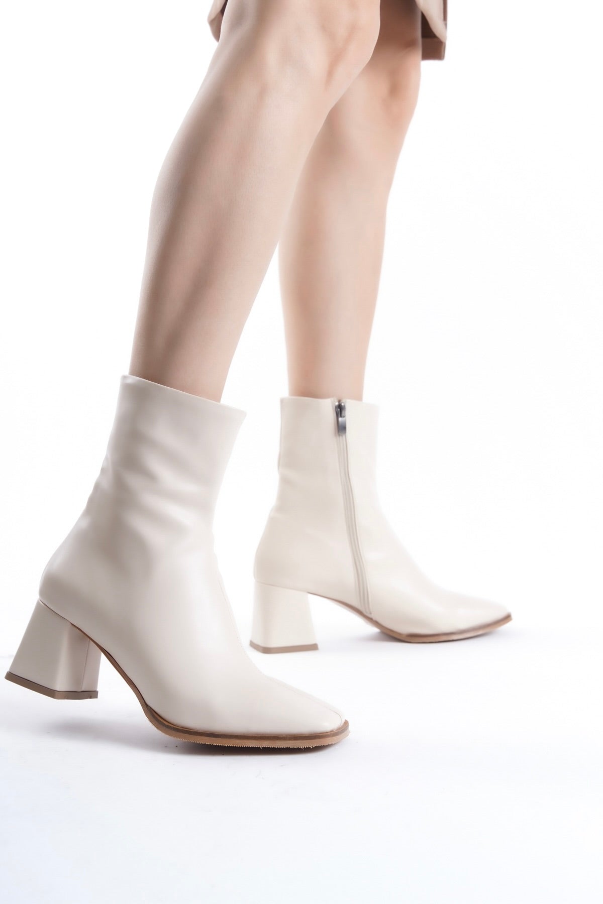 Beige Leather Square Toe Heeled Ankle Boots