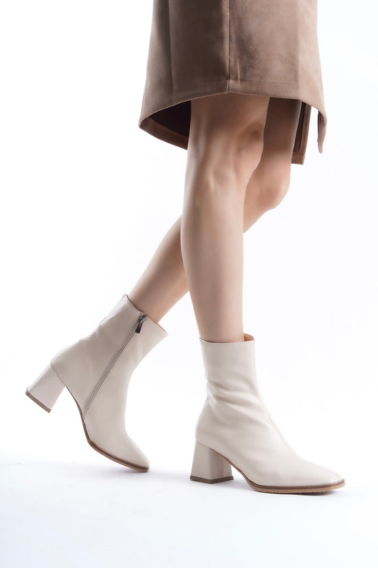 Beige Leather Square Toe Heeled Ankle Boots