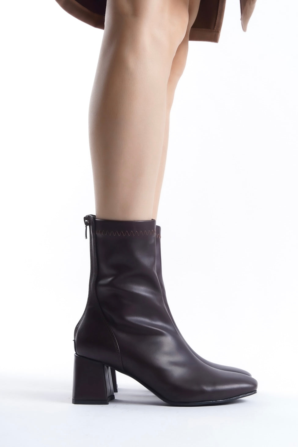 Dark Burgundy Leather Heeled Ankle Strech Boots