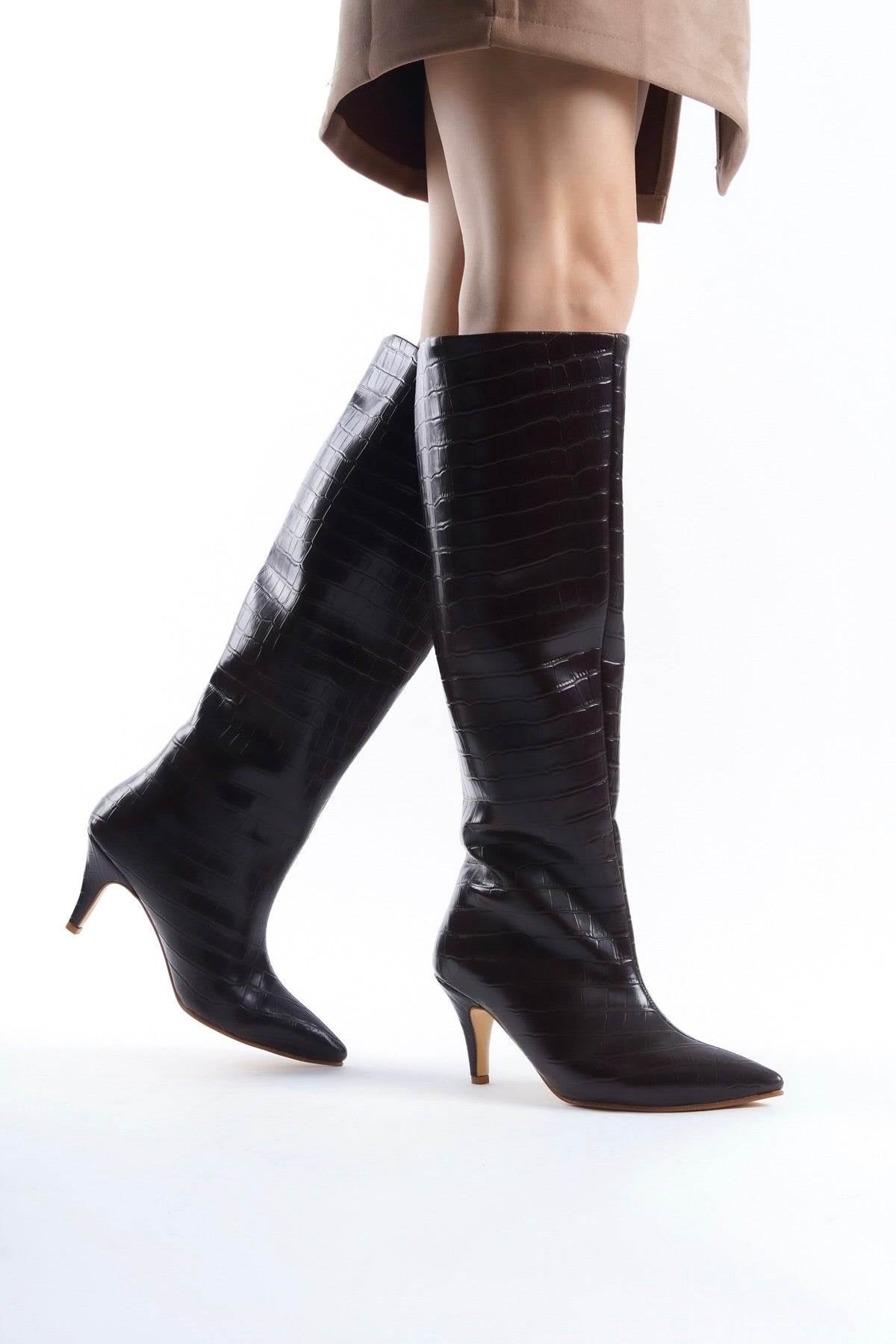 Brown Crocodile Effect Knee Stiletto Heel High Boots