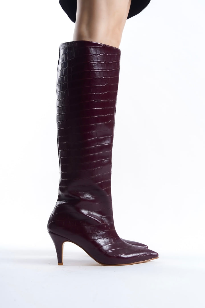 Bordeaux Crocodile Effect Knee Stiletto Heel High Boots