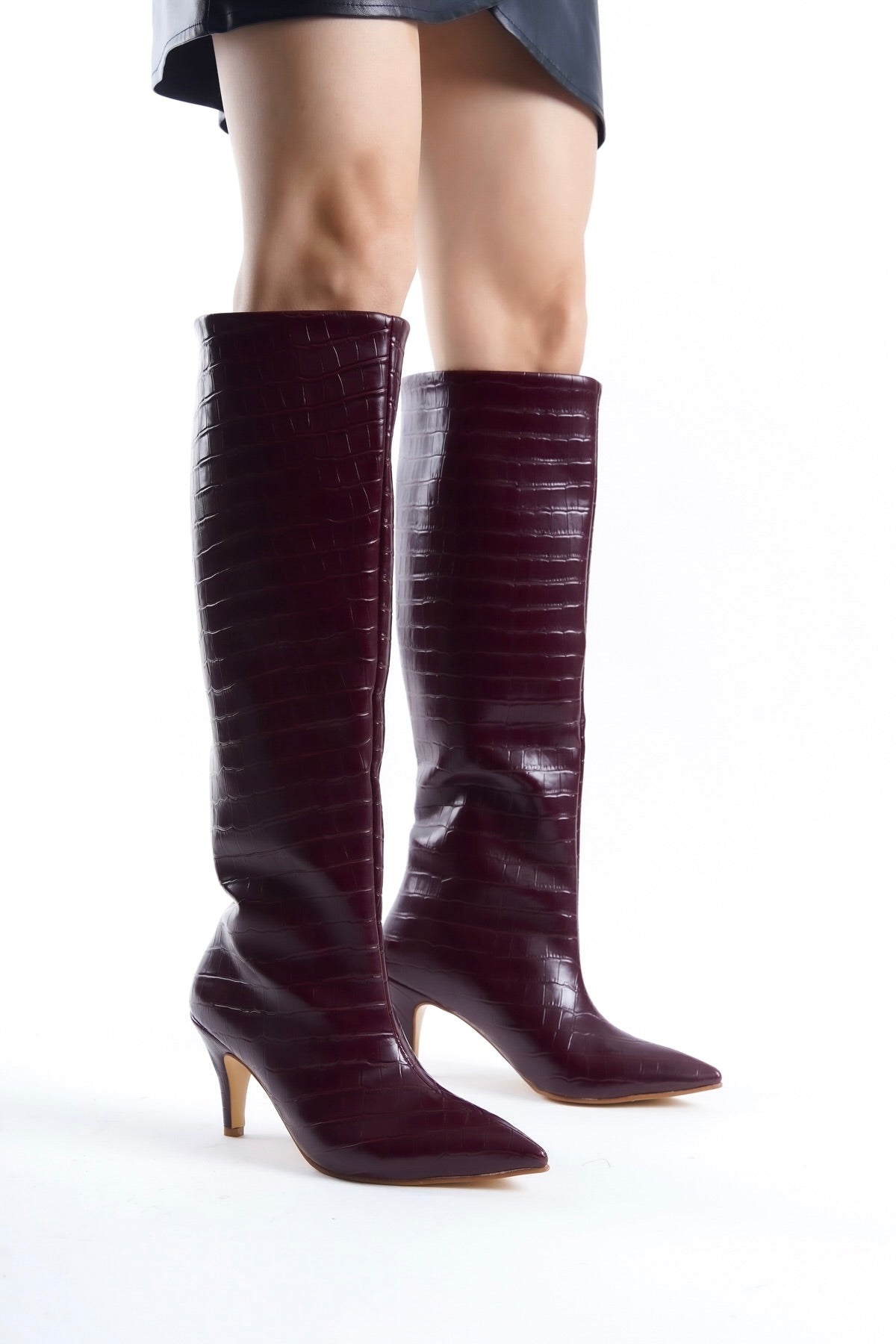 Bordeaux Crocodile Effect Knee Stiletto Heel High Boots