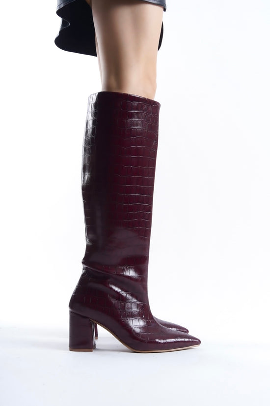 Bordeaux Crocodile Effect Knee Block Heel High Boots