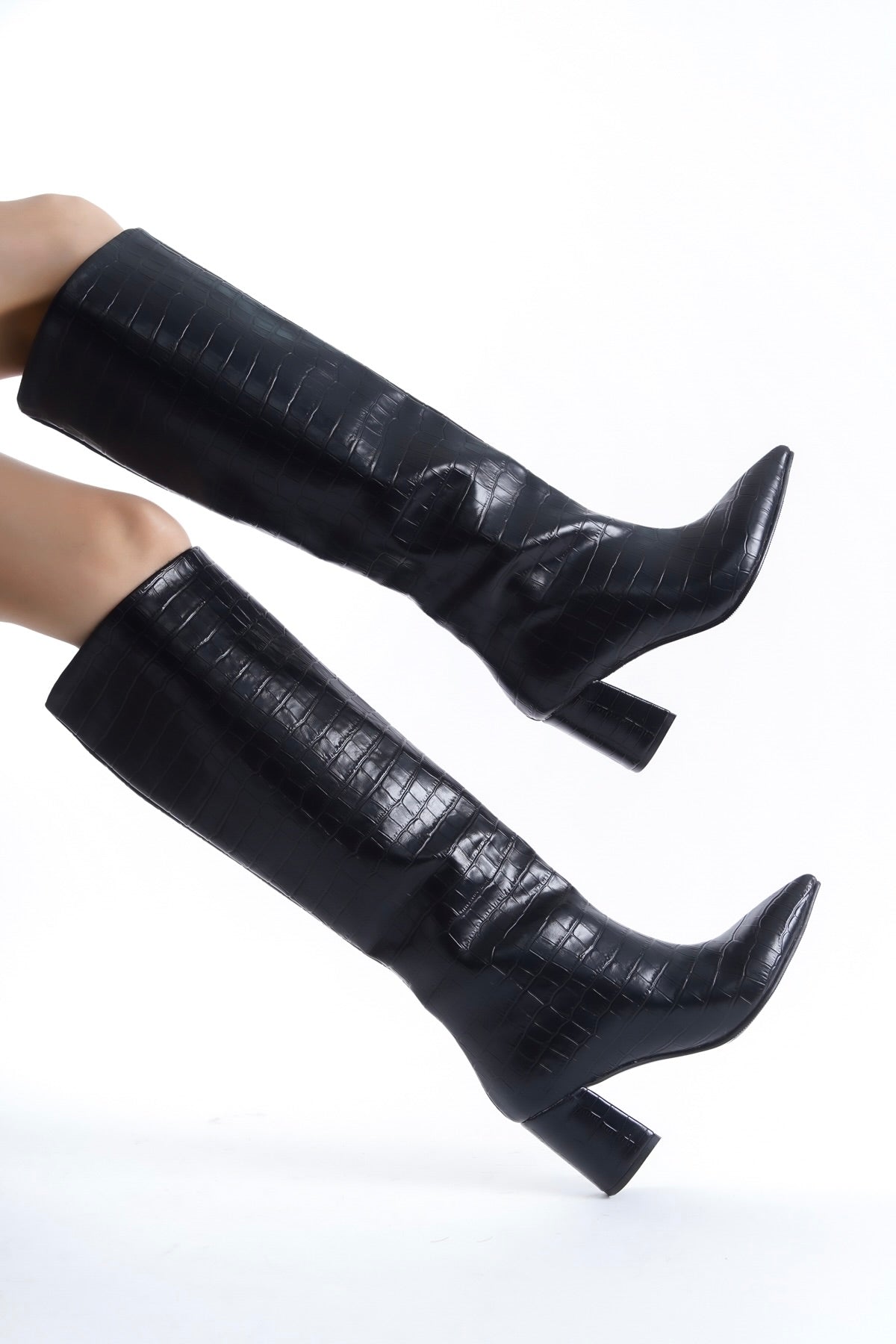 Black Crocodile Effect Knee Block Heel High Boots