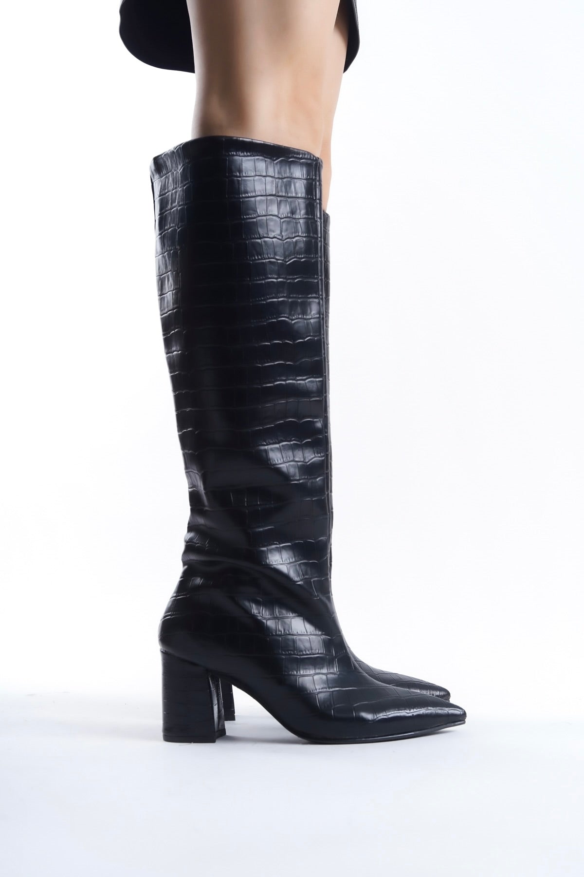 Black Crocodile Effect Knee Block Heel High Boots