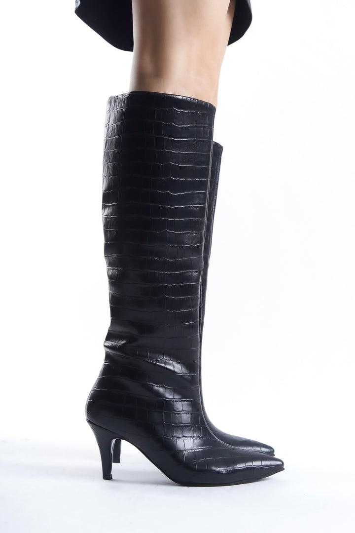 Black Crocodile Effect Knee Stiletto Heel High Boots