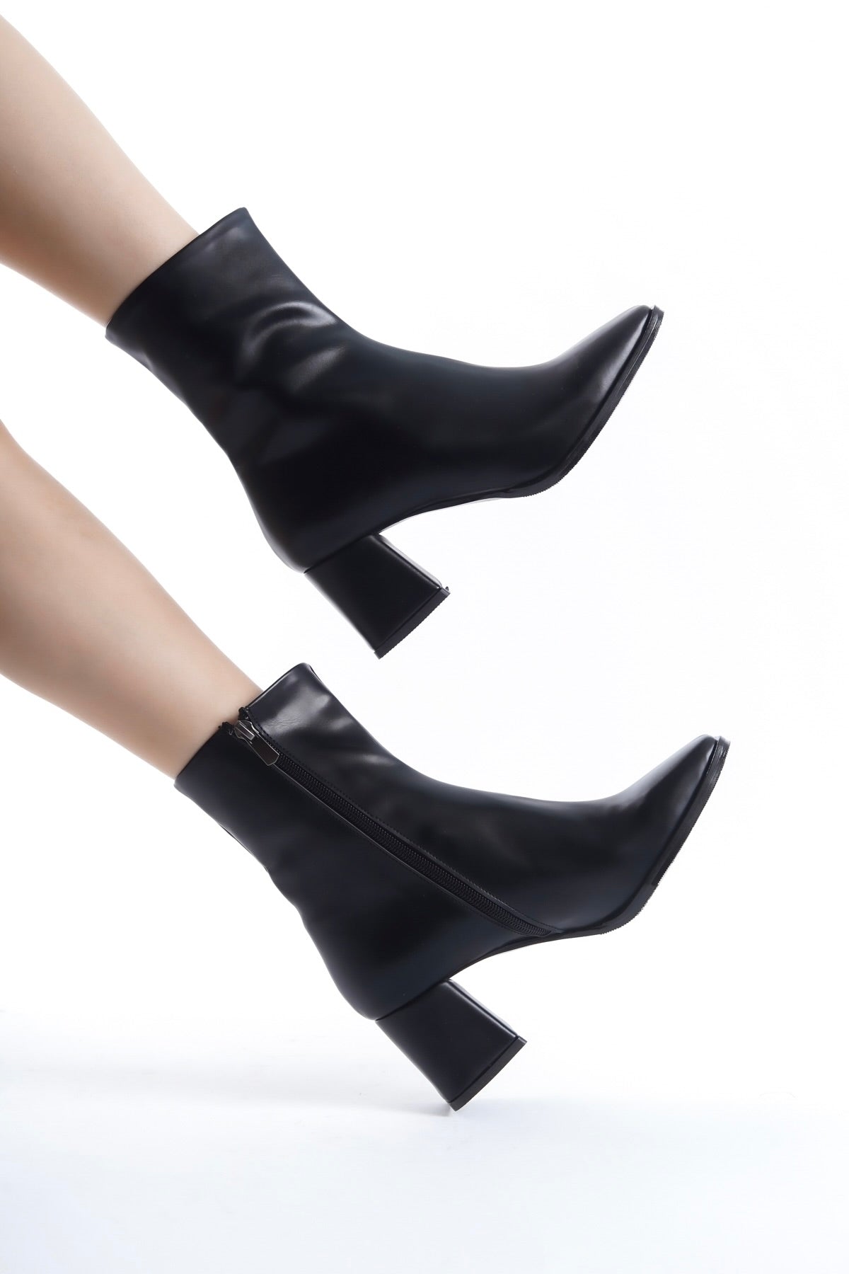 Black Leather Square Toe Heeled Ankle Boots