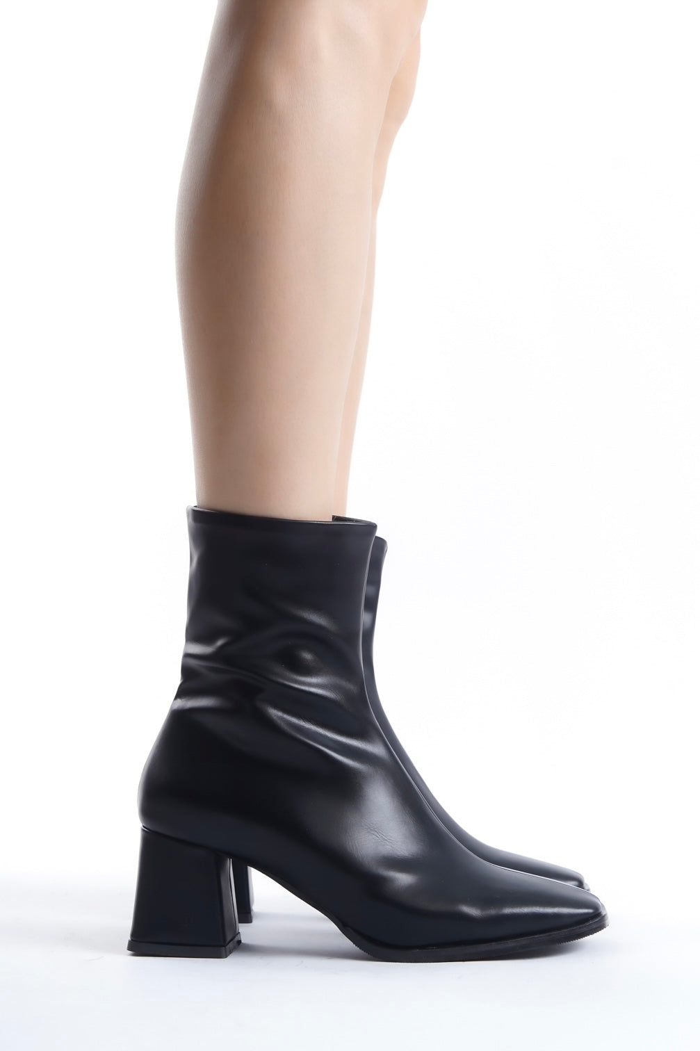 Black Leather Square Toe Heeled Ankle Boots