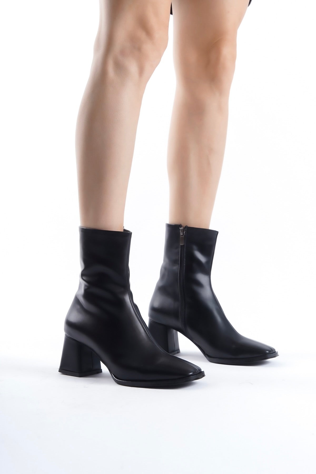 Black Leather Square Toe Heeled Ankle Boots