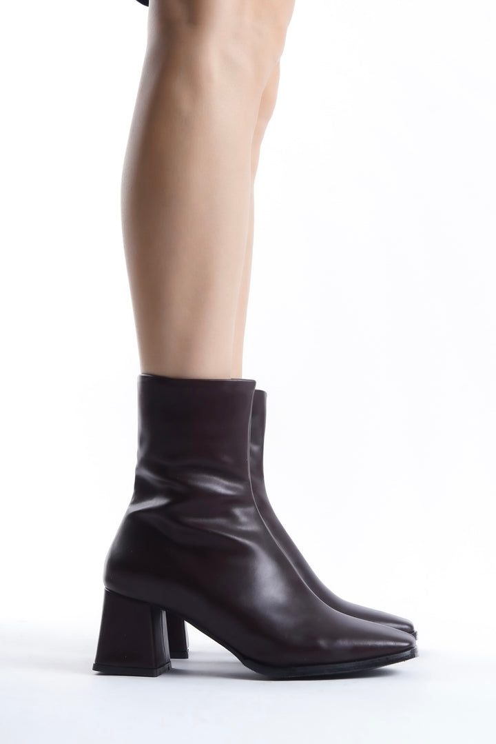 Dark Burgundy Leather Square Toe Heeled Ankle Boots