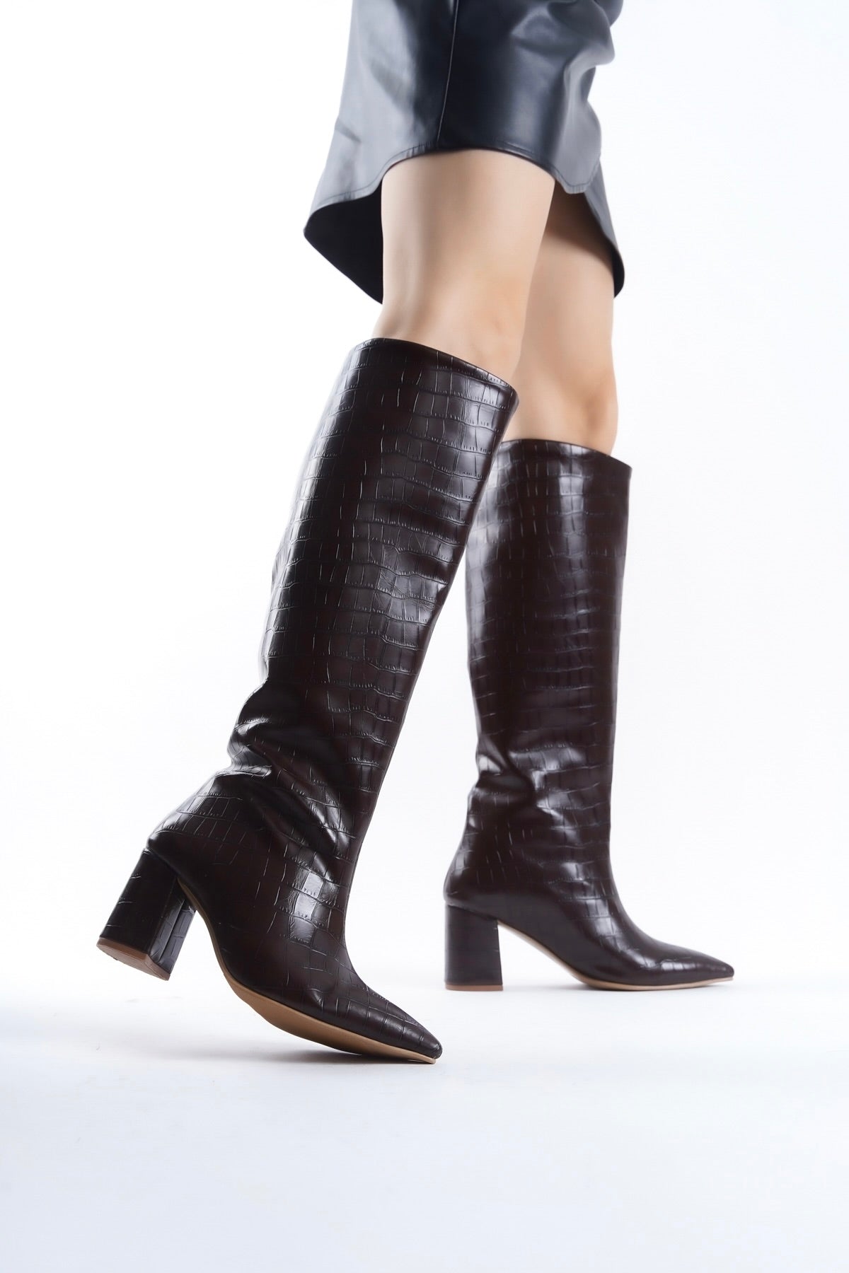 Brown Crocodile Effect Knee Block Heel High Boots