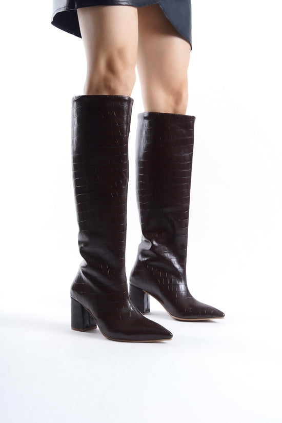 Brown Crocodile Effect Knee Block Heel High Boots