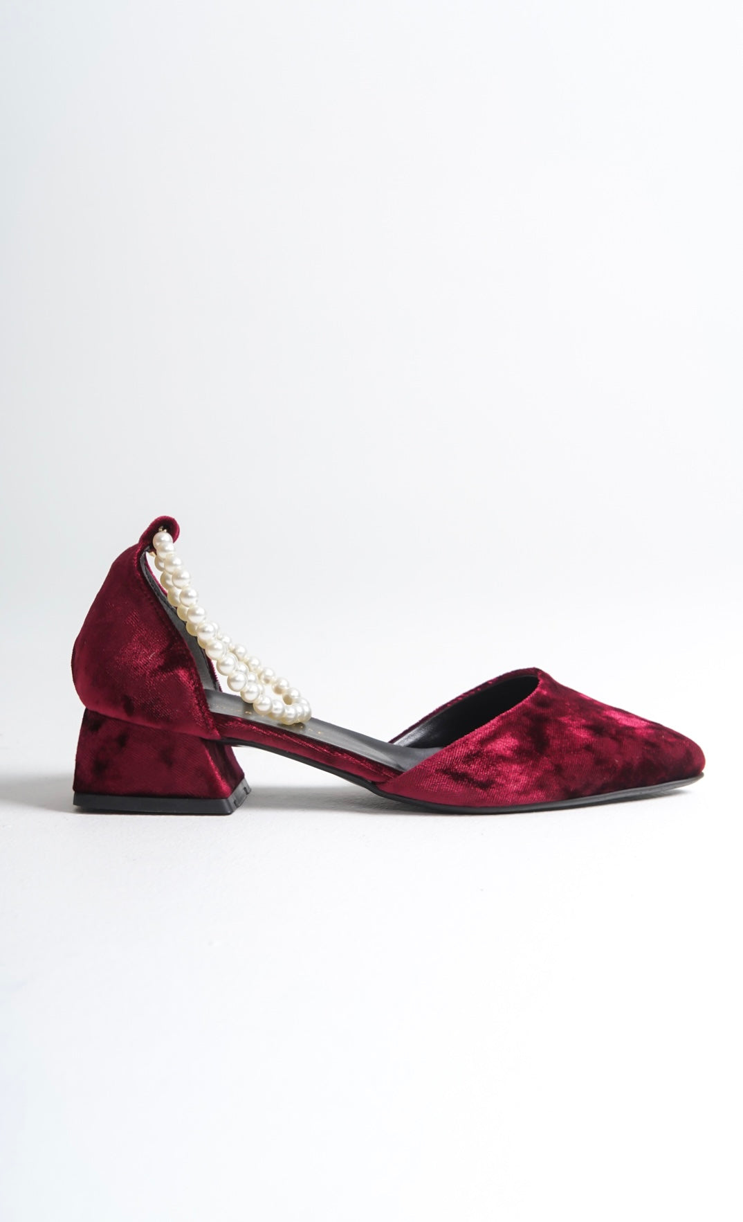 Quinta | Burgundy Velvet Low Heels with Pearls