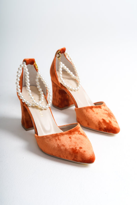 Pearl Olivia | Orange Velvet High Heels with Pearls